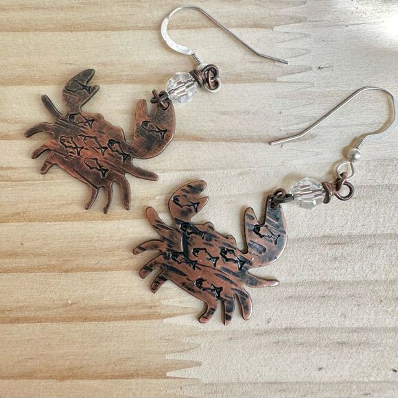 Handmade Copper Crab Earrings with Etched Fish & Crystal Beads - Picture 7 of 10